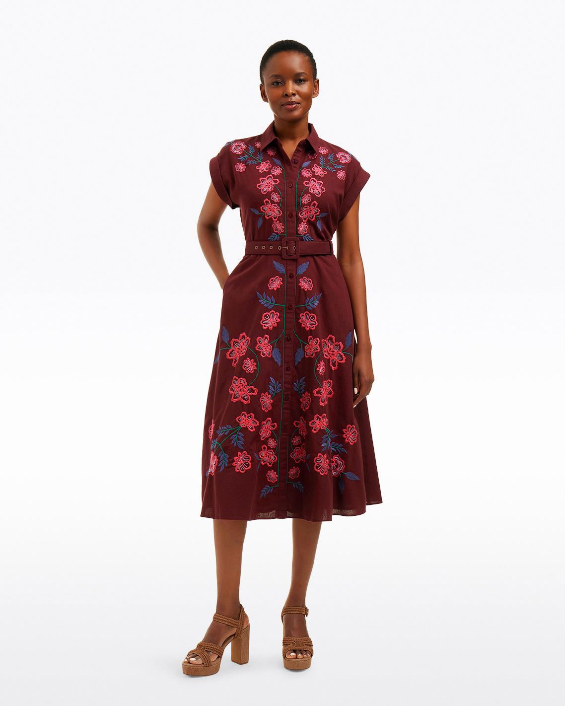 Presley Embroidered Midi Shirtdress in Raspberry Pink