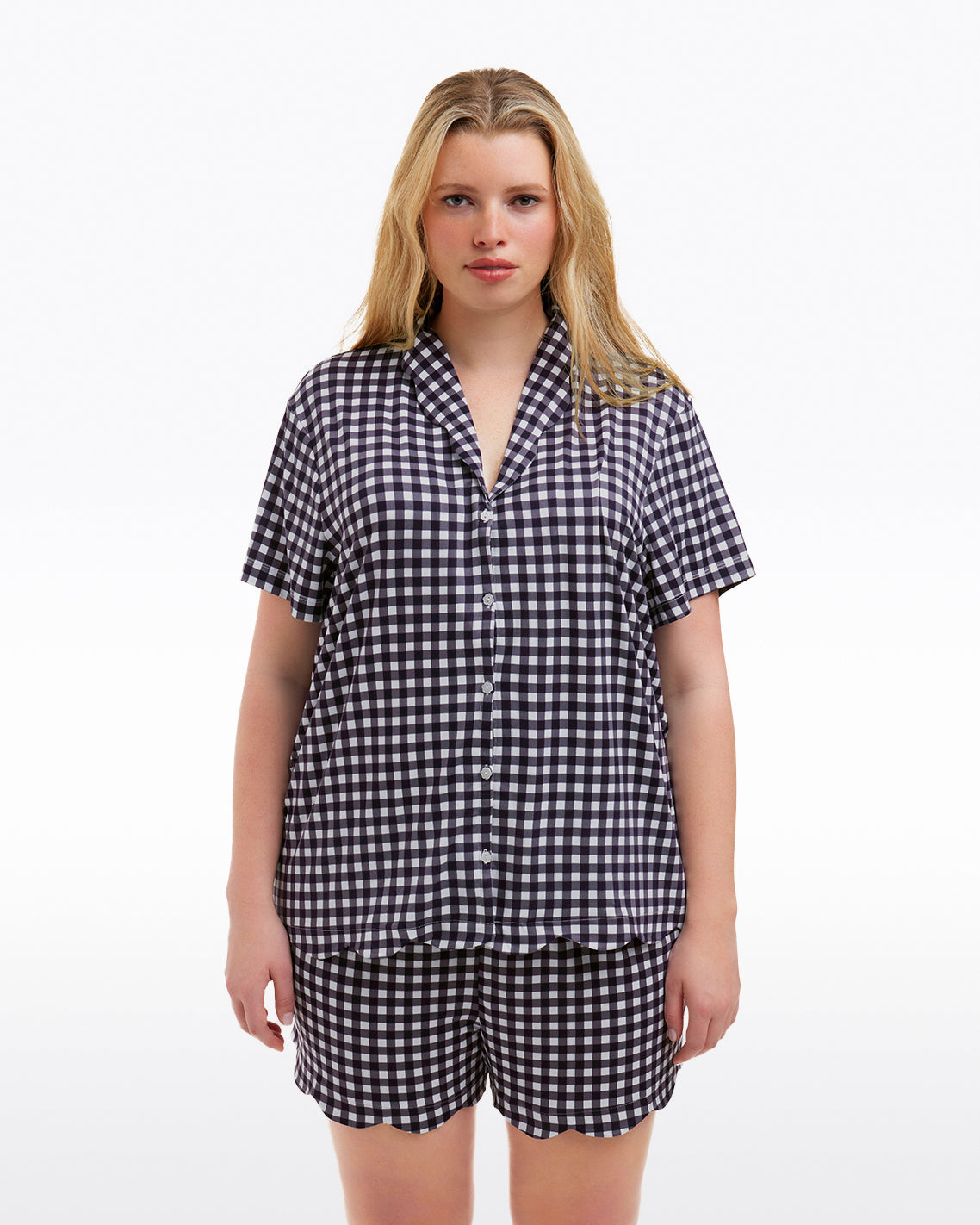 Scallop Sara Pajama Set in Navy Gingham