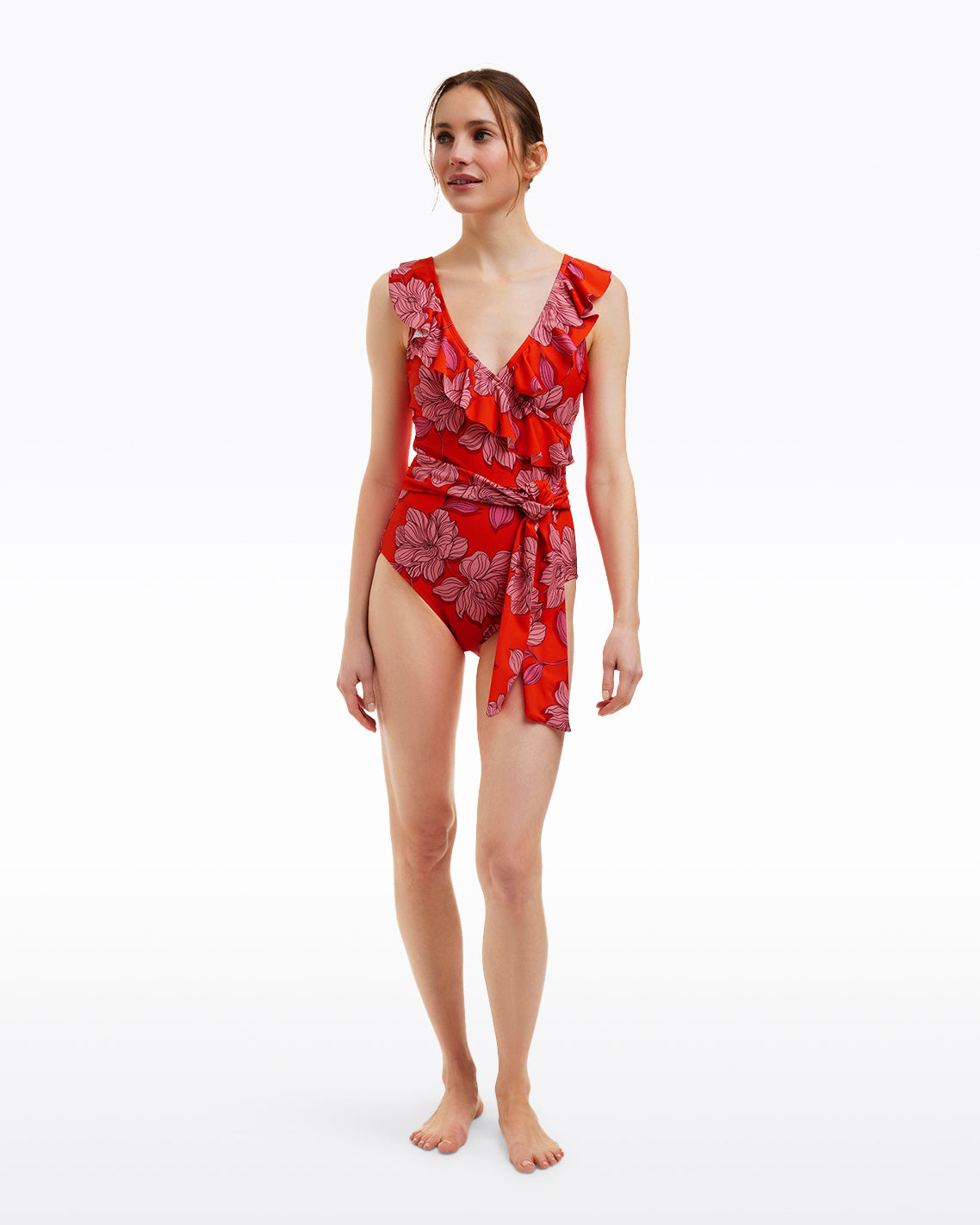 Red Magnolia Ruffle One Piece with Belt