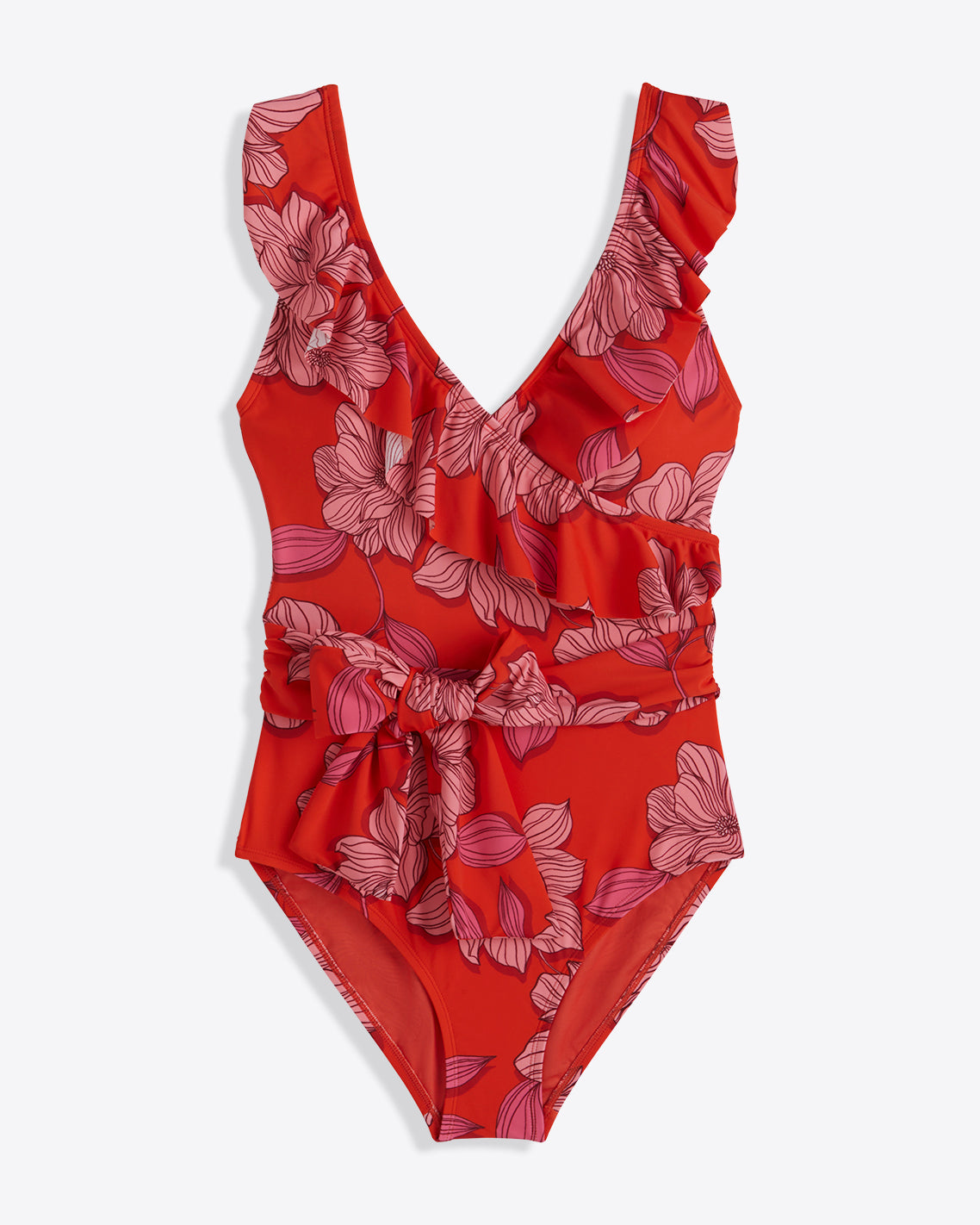 Red Magnolia Ruffle One Piece with Belt