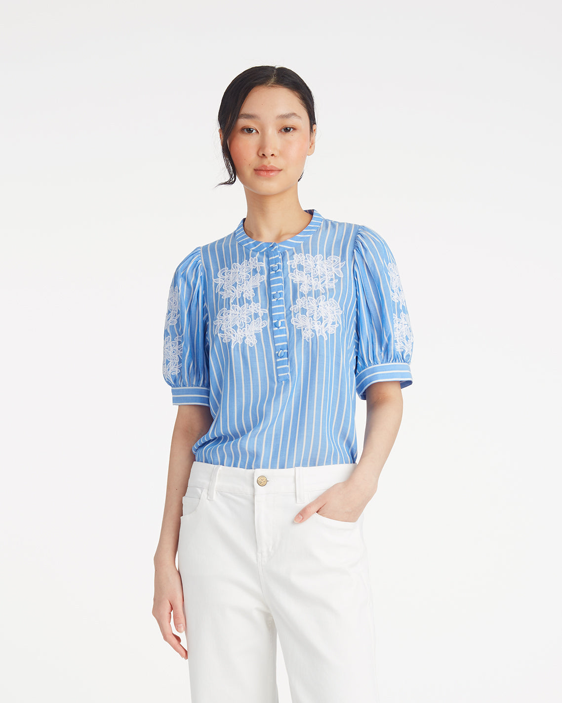 Puff Sleeve Top with Floral Embroidery