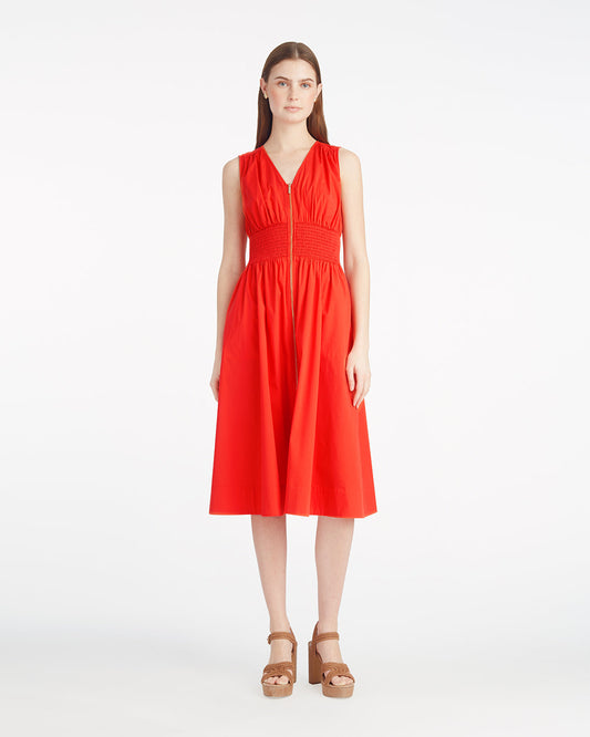 Amber Sleeveless Smocked Waist Midi Dress in Stretch Poplin