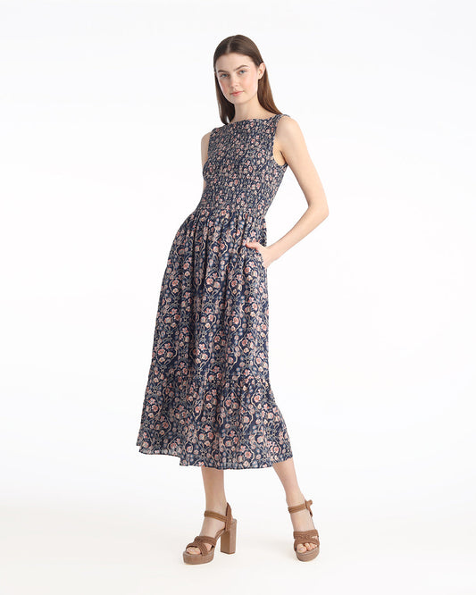 Wren Sleeveless Smocked Midi Dress in Twilight Vines