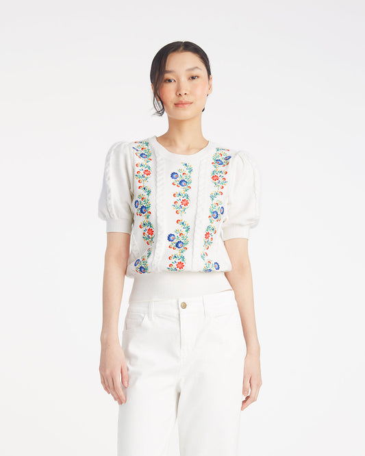Short Sleeve Sweater with Floral Embroidery