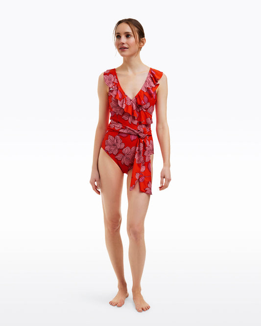 Red Magnolia Ruffle One Piece with Belt