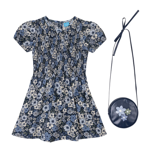 Girls' Short-Sleeve Floral Dress And Purse Set