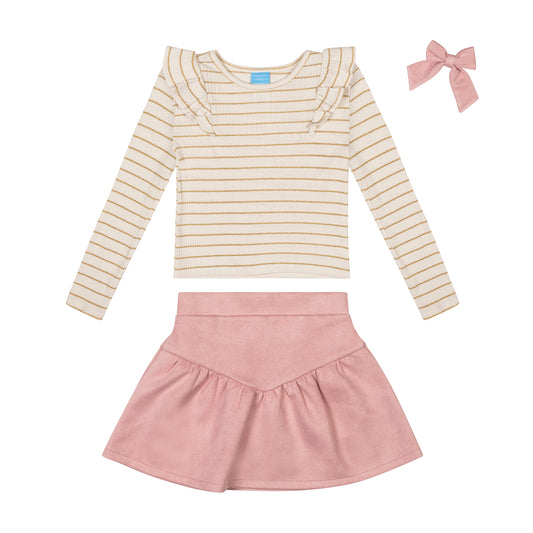 Girls' Long-Sleeve Top, Skirt And Bow Set